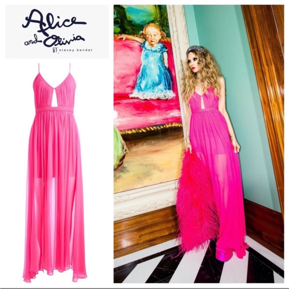 NWT Alice and Olivia Tamar cut out pink chiffon maxi dress, 100% silk